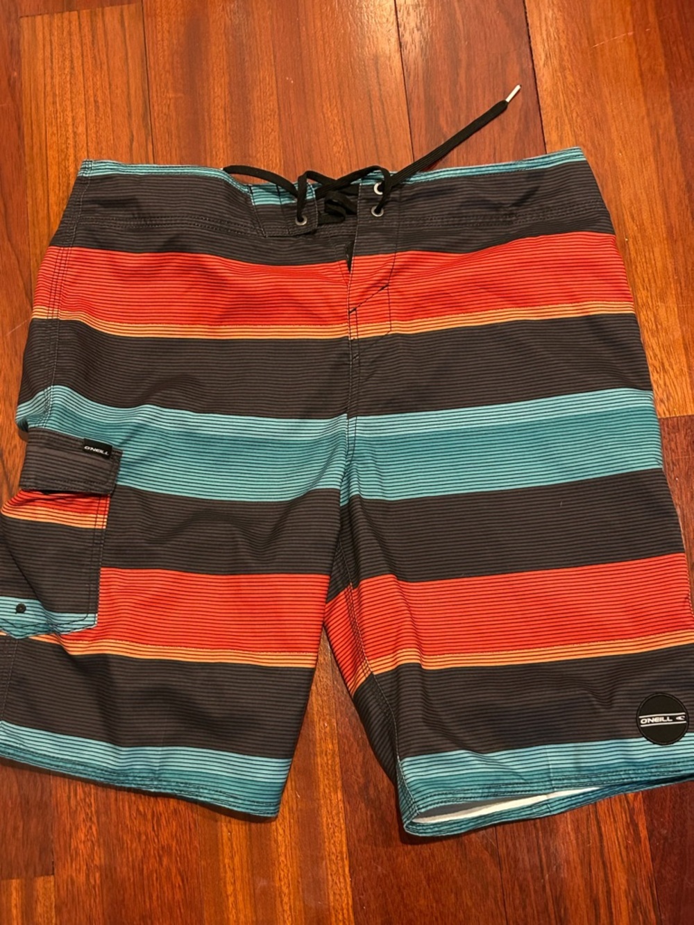 O'Neill Men’s Black, Red & Teal Striped Board Shorts